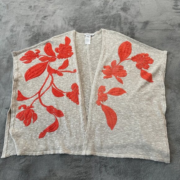 Chico's Cotton Linen Cardigan Kimono Poncho Small Medium Applique Orange Tan - Picture 1 of 7
